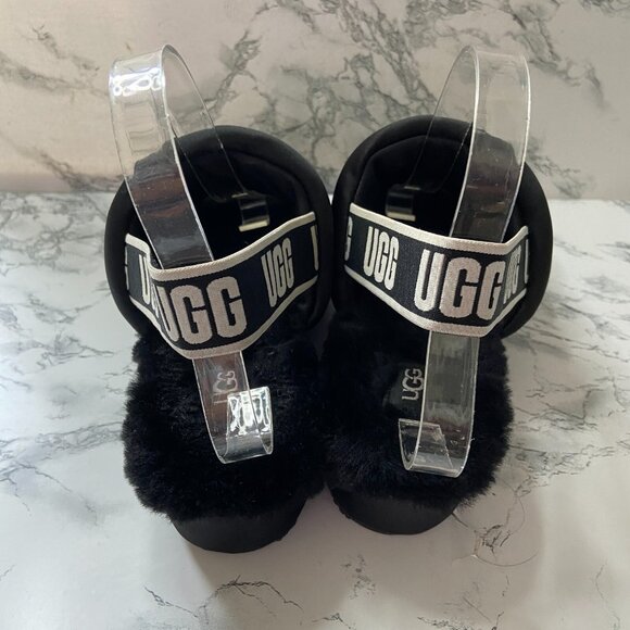 UGG Women 10 Puff Yeah Slippers Slip On Black Ankle Strap Fluffy Fuzzy Soft Shoe - Picture 4 of 7